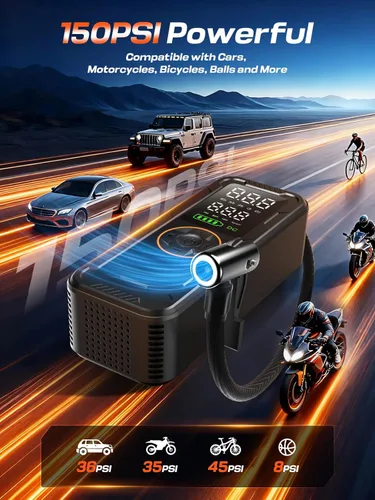 Vista 3 de Compresor de aire portátil para inflar neumáticos, bomba de aire eléctrica de 150 PSI con manómetro digital, inflado rápido, apagado automático, luz
