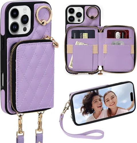 Vista 39 de Keallce Funda para iPhone 12 Pro/iPhone 12 de 6.1 pulgadas, cartera cruzada con cremallera para mujer, tarjetero con bloqueo RFID, funda de cuero