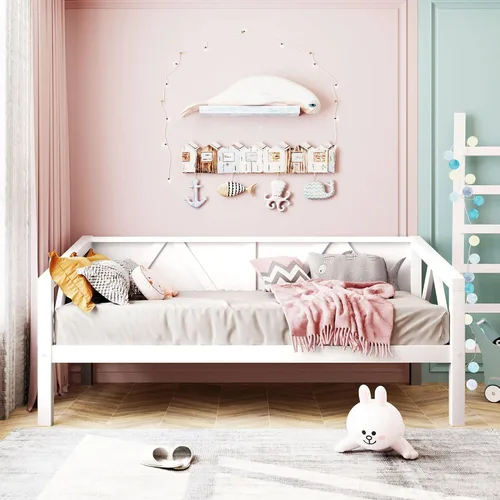 Harper & Bright Designs Sofá cama de madera maciza tamaño individual, sofá cama multifuncional con soporte de listones de madera, marco de cama