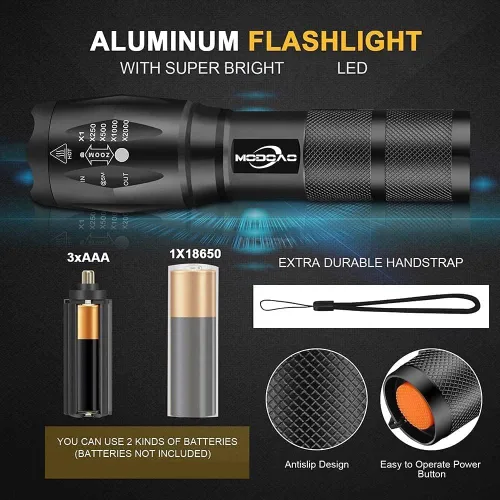 Vista 2 de Linterna LED de alto lúmenes, brillante, con zoom, impermeable, potente, linterna LED táctica de emergencia para el hogar y 5 modos, linterna