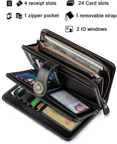 Vista 3 de Large Capacity RFID Blocking Genuine Leather Wallets for Women with Wristlet Trifold Ladies Billfold with Zipper by UMODE