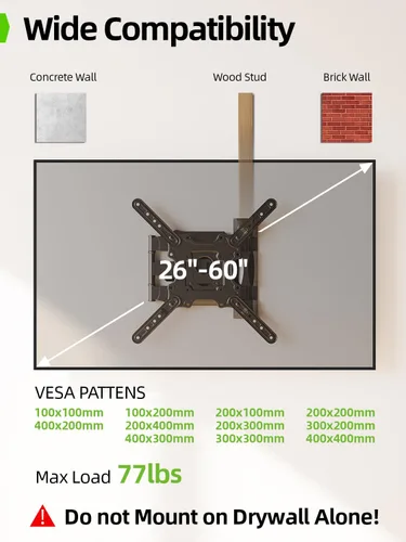 Vista 2 de USX MOUN TV Wall Mount for Most 26-60 Inch TVs up to 77 lbs, Full Motion Wall Mount TV Bracket with Swivel Tilt Single Stud Design for Corner, Max