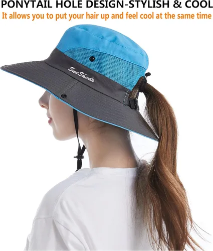 Vista 6 de Tutuko Sombreros de sol de ala ancha para mujer, plegables, protección UV, sombreros de pescador de playa, cola de caballo de malla, sombrero
