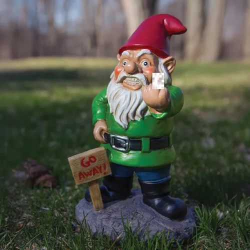 Vista 2 de Gnomo de jardín con la leyenda Go Away, Bigmouth Inc.