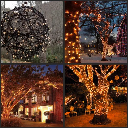Vista 8 de YULETIME Juego de 200 luces LED de Navidad de color blanco cálido con cable negro, paquete de 2 hebras de 33 pies, 100 luces con certificación UL