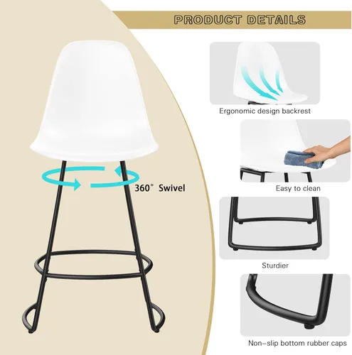 Vista 4 de Aklaus Juego de 4 taburetes de bar giratorios, modernos taburetes de bar de altura de mostrador con respaldo de plástico, acabado de metal blanco
