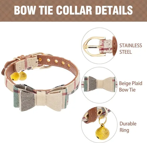 Vista 3 de KOOLTAIL Juego de collar y correa para perro pequeño con corbatín y campanas, lindo collar y correa para cachorros con patrón clásico a cuadros Beige