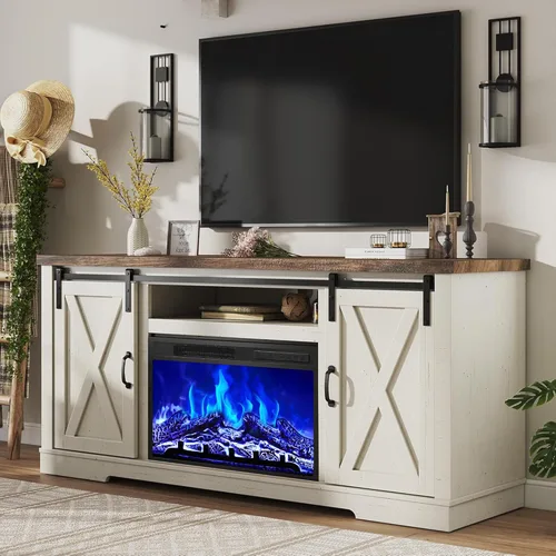 Vista 12 de AMERLIFE Soporte de TV para chimenea con puerta corredera de granero para televisores de hasta 65", Centro de entretenimiento de chimenea