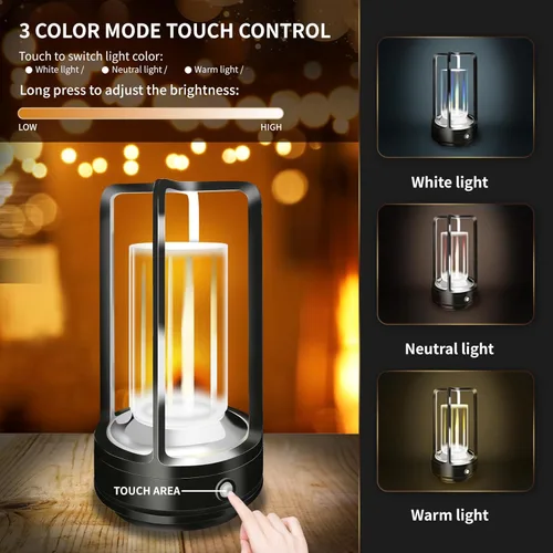 Vista 2 de Juego de 2 lámparas de mesa inalámbricas, lámpara de mesa LED recargable con 3 colores de atenuación continua, lámpara de mesa