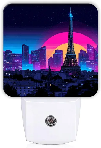 Paris Tower Night Lights Plug Into Wall, Retro Futuristic City Skyline Sunset Summer Peach Dusk to Dawn Led Plug in Night Lights for Bathroom