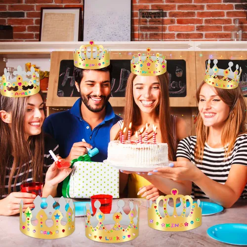 Vista 5 de Coronas de papel doradas, coronas de rey de cumpleaños de bricolaje para decorar, coronas de papel de príncipe y princesa para la clase escolar
