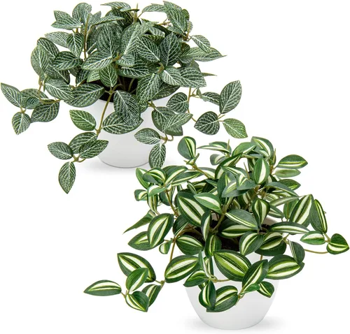 Hollyone Plantas falsas, 2 paquetes de plantas artificiales de interior con maceta de plástico blanco, pequeña planta falsa en maceta para el hogar