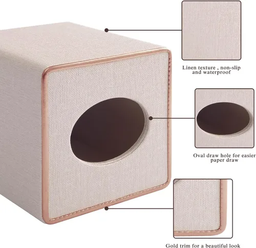 Vista 6 de Funda de Caja de Paños Cuadrada de Lino, Soporte de Caja de Paños Cúbico - Excelente Decoración de Cuero Dorado Rosa, Dispensador de Caja