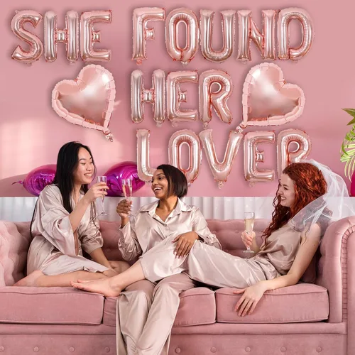 Vista 3 de Cartel de globos con texto en inglés "She Found Her Lover", decoraciones de despedida de soltera, globos de fiesta de despedida de soltera de oro