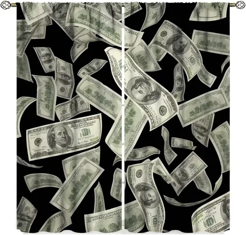 Vista 12 de Cortinas de dinero, divertidas decoraciones temáticas de billetes de 100 dólares, decoración temática de billetes de dólar, sala de estar, Dólar-1