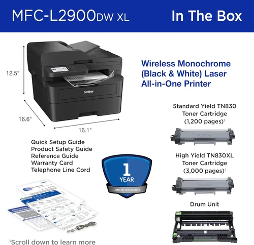 Vista 7 de Brother MFC-L2900DW XL Impresora láser compacta monocromática inalámbrica todo en uno con copia y escaneo dúplex, fax, blanco y negro Incluye