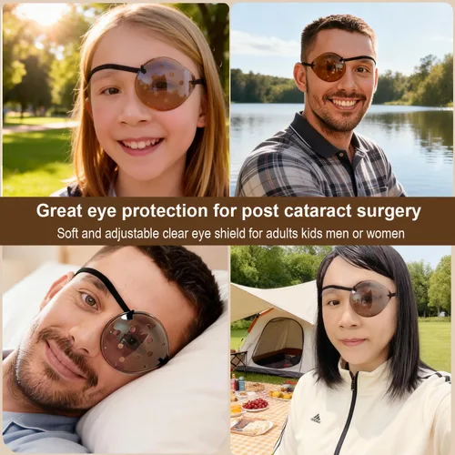 Vista 5 de AMZVIO 2 protectores de ojos para después de la cirugía de cataratas, parche de plástico transparente oscuro con correa para dormir de adultos