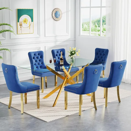 Vista 15 de SSLine Moderno juego de mesa de comedor de cristal dorado de 5 piezas para 4 mesas de cocina y sillas rectangulares de lujo de vidrio para 4, mesa