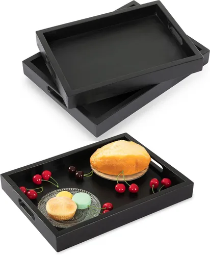 VICTORY RELAX Bandeja rectangular de madera de acacia negra con asas, juego de 2 (15 x 11 pulgadas y 13 x 10 pulgadas), bandeja grande para otomana,