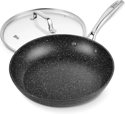 Sartén antiadherente de 8 pulgadas con tapa, utensilios de cocina de mármol negro, revestimiento derivado de piedra, no tóxico APEO y PFOA, con