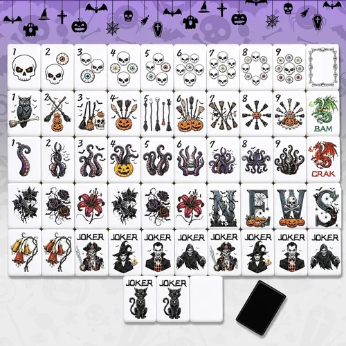 Vista 11 de Halloween American Mahjong Set 160 azulejos, calabaza, morado