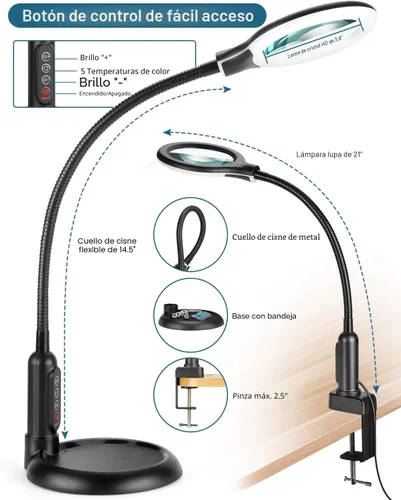 Vista 6 de Lupa de 10X con luz y soporte, LED con 5 modos de color, lupa iluminada con atenuación sin escalones de brillo, manos libres con lámpara
