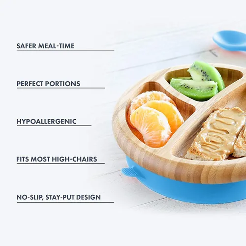 Vista 8 de Plato de succión y cuenco de bambú con tenedor y 2 cucharas Plato de alimentación de madera dividido para niños pequeños Juego de utensilios