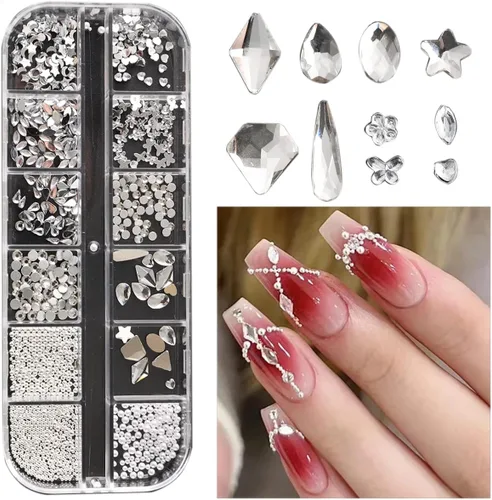 Diamantes de imitación de cristal blanco para uñas, parte trasera plana, gemas de luna, estrella, corazón, perlas para decoración de uñas, múltiples