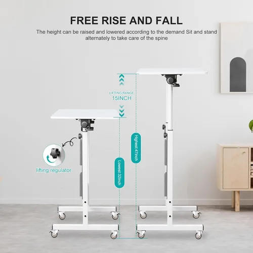 Vista 9 de KOUPA Escritorio de pie de altura ajustable, escritorio de vidrio templado para escribir con borrador, giro de 360°, ruedas y bolsa, ideal