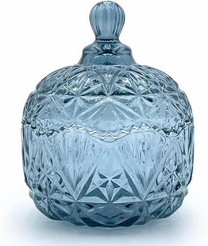 Vista 20 de Tarro de almacenamiento de caramelos de vidrio de cristal colorido con relieve, lujoso recipiente para buffet de galletas con tapas, caja