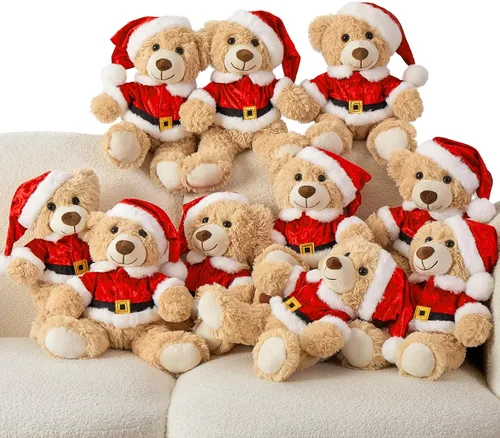 MaoGoLan - 10 unidades de osos de peluche navideños, osos de peluche de 14'' con trajes clásicos de Santa - Camisa y sombrero removibles, se ajustan