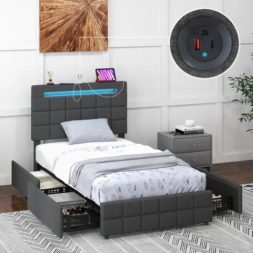 Vista 9 de Giantex Base de cama individual con luces LED y 4 cajones, base de cama de plataforma tapizada con puertos USB, diseño de cabecera ajustable