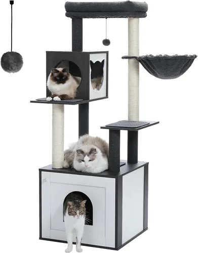 PETEPELA Árbol para gatos de 56.7 pulgadas con caja de arena grande, torre de madera para gatos de interior con armario de almacenamiento y acogedor