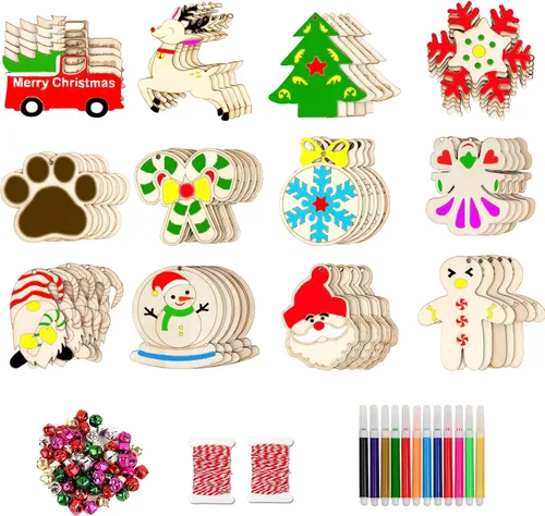 Vista 3 de AerWo 60 adornos de Navidad de madera, 12 estilos de adornos de rebanadas de madera sin terminar, juego de adornos de Navidad con campanas