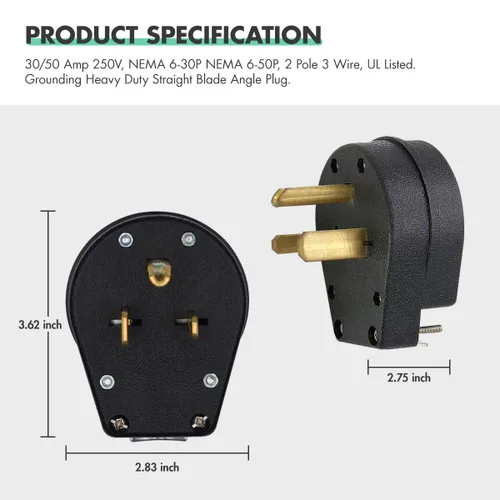 Vista 3 de Micmi Enchufe de hoja recta angular, enchufe angular macho de reemplazo para secador AC, enchufe para soldador NEMA 6-30P 6-50P, 50 A, 250V negro