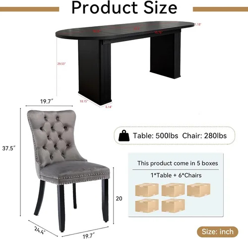 Vista 55 de Pvillez Extendable Dining Table Set of 8, Black Oval Dining Room Table & 8 Black Velvet Dining Chairs with Wood Leg, 62.99"-78.74" Kitchen Table and