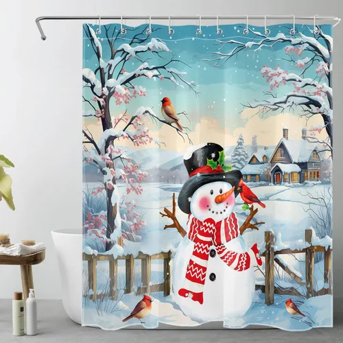 LB Winter Snowman Shower Curtain for Bathroom, Christmas Cardinal Bird and Snowy Tree with Pink Flower Fabric Shower Curtain with Hooks, Farmhouse