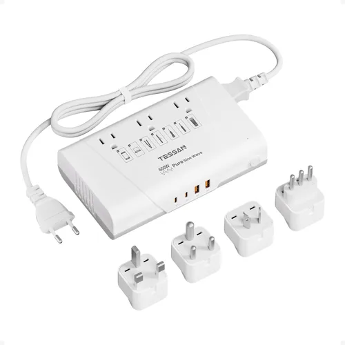 Vista 8 de TESSAN - Convertidor de voltaje de viaje de 220 V a 110 V, con 4 puertos USB (1 USB C), 3 salidas de CA y adaptador de viaje universal EU UK AU IT