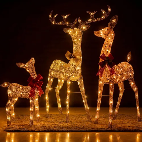 Vista 2 de YULETIME 3 piezas preiluminadas 3D de renos de Navidad, decoración familiar de ciervos de Navidad con purpurina iluminada, con luces LED blancas