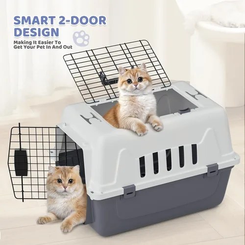 Vista 6 de Magshion Transportador de plástico duro de 22 pulgadas, perrera de carga superior de 2 puertas para perros pequeños y gatos de viaje más Blanco+gris