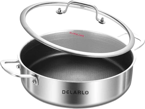 Vista 16 de DELARLO Sartén de tres capas de acero inoxidable de 10 pulgadas Sartén de freír profunda de 3QT con tapa Sartén de saltear con tapa Compatible