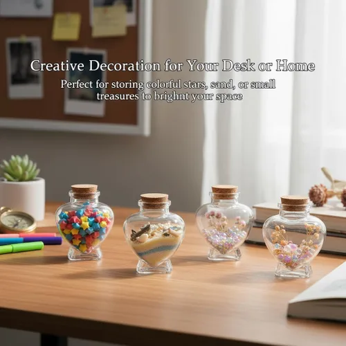 Vista 3 de SUPVOX 4 botellas de cristal en forma de corazón con tapas de corcho, tarros de recuerdo de 5.4 onzas para luna de miel, arena, boda, aniversario