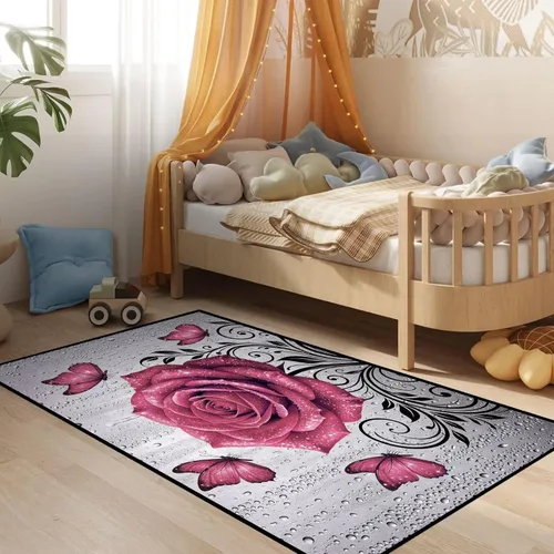 Vista 6 de 3' x 5' 3D Rose Area Rugs for Bedroom Laundry Study Room Silver Grey Realistic Water Droplets Carpet Throw Rugs Home Decor Washable Non-Slip