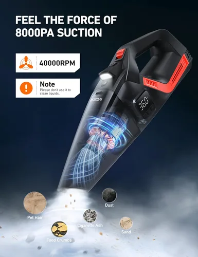 Vista 5 de AstroAI - Aspiradora de coche 4 en 1 y compresor de aire para neumáticos portátil con accesorios, pantalla digital de doble valor, 150 PSI, bomba