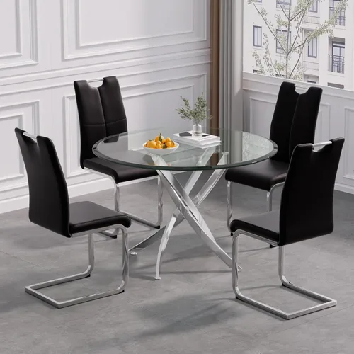 Vista 7 de Mesa de comedor redonda de 36 pulgadas para 4, mesas de cocina y comedor de cristal, moderna mesa de comedor circular con mesa de vidrio templado