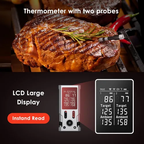 Vista 4 de Termómetro inalámbrico para carne, termómetro de cocina Bluetooth de 800 pies, 2 sondas ultrafinas, pantalla LCD, termómetro digital de alimentos