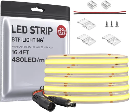 BTF-LIGHTING FCOB COB - Tira de luces LED flexible de alta densidad uniforme de 9 W/m, 16.4 pies, DC12V, blanco cálido, 2700 K, CRI 90+ 0.315 in de