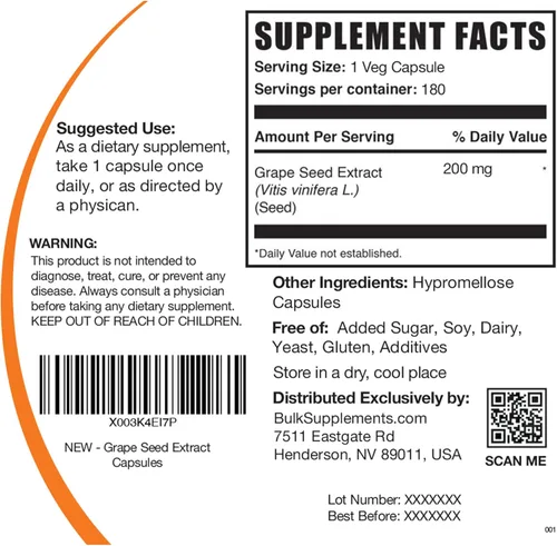 Vista 2 de BulkSupplements. com Cápsulas de extracto de semilla de uva - Suplementos herbarios, suplemento antioxidante - 1 cápsula de semilla de uva (200 mg)