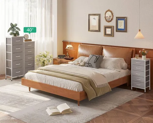 Vista 8 de AODK Cómoda para dormitorio con 5 cajones de almacenamiento, cómoda pequeña de 40 pulgadas, cómoda de tela con marco de acero resistente, color gris