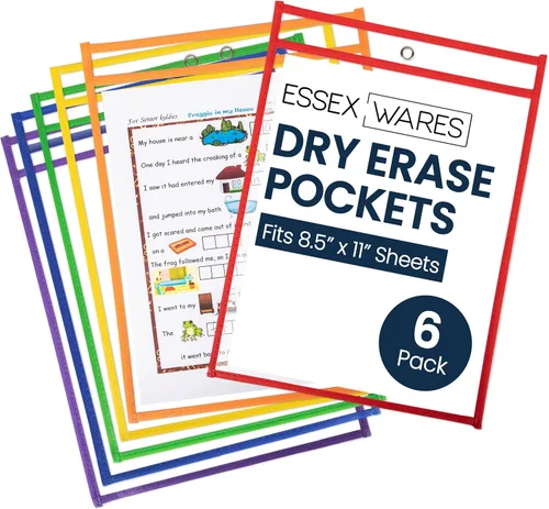 Essex Wares - Paquete de 6 protectores surtidos de documentos de bolsillo de borrado en seco, 10 pulgadas de ancho x 13.5 pulgadas de alto, fundas